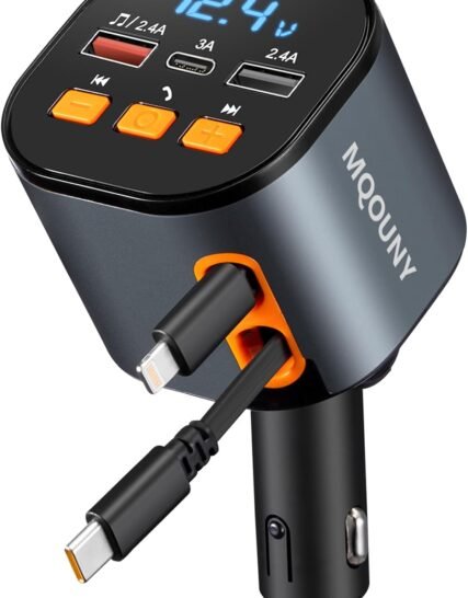 5 in 1 Retractable Car Charger, Fast Car Phone Charger 90W, Bluetooth 5.3 FM Transmitter Adapter