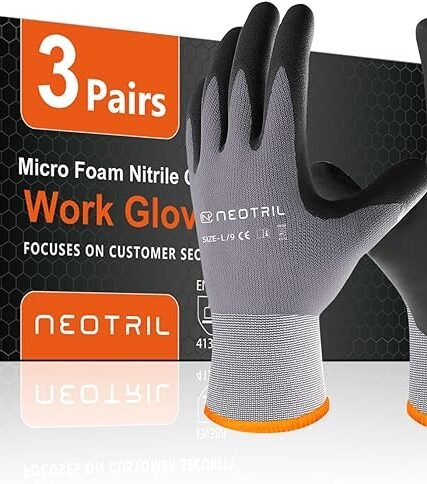 Safety Work Gloves MicroFoam Nitrile Coated-3 Pairs,Breathable Nylon Working Gloves for Men Women